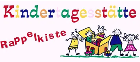 Buntes Logo Kinderagestätte Rappelkiste mit lachenden Strichkindern und Kiste